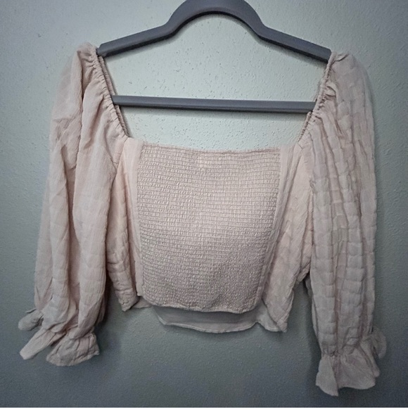 Altar'd State crop top beige size med half puffy sleeve square neck smock back - Picture 4 of 8